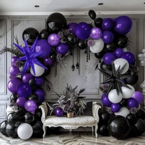 black purple white balloon garland - double stuffed dark purple balloon royal purple black metallic black lilac starburst balloon arch kit for birthday halloween anniversary wednesday party decor