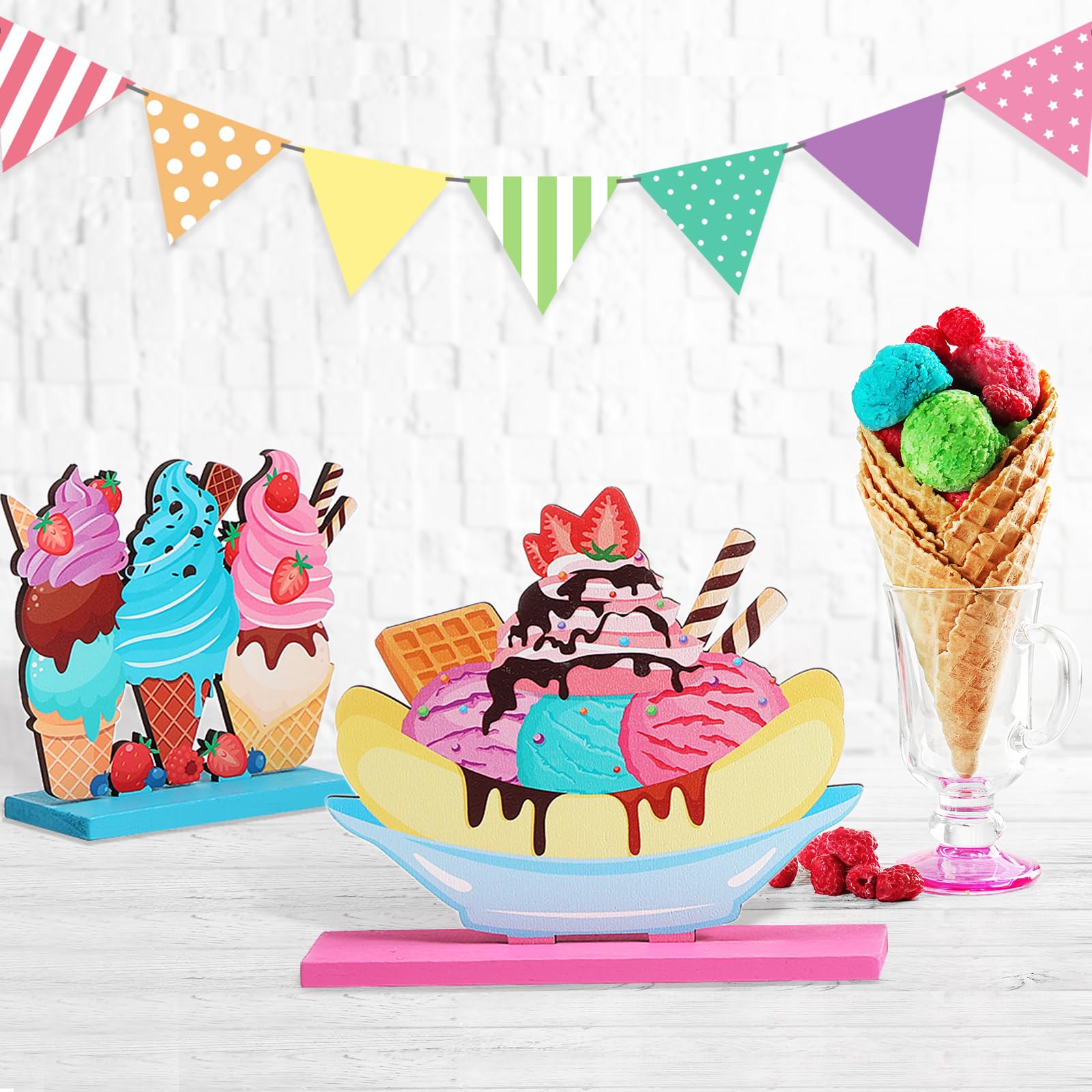 Blosssound 6 Pcs Ice Cream Table Wooden Decorations Ice Cream Table Centerpieces Letter Truck Gnome Ice Cream Wood Signs for Ice Cream Theme Bar Party Birthday Baby Shower Party Supplies