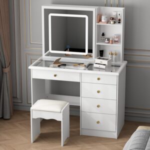 ROMSHINE Vanity Desk with Mirror and Lights, Makeup Vanity Desk with Sliding Mirror, Glass Desk-Top and Lights in 3 Colors Modes, White Vanity Table and Chair Set with 5 Drawers, Glass Top