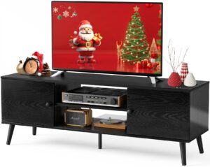 dumos tv stand for 55 60 inch tv, entertainment center with storage cabinet, mid century modern media console table, adjustable hinge, wooden television furniture for living room, office - black