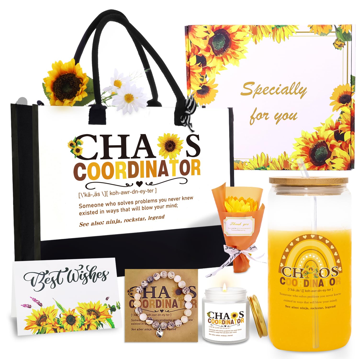 Chaos Coordinator Gifts For Women ,Thank You Gift For Coworker Manager Boss Lady Nurse Employee Teacher Appreciation , Birthday Christmas Office Work Sunflower Gifts Basket With Canvas Tote Bag