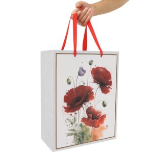 Qirrmiy 13” Large White Gift Bag Set with Greeting Card and Tissue Paper (Watercolor Red Flowers) for Celebrating Birthdays, Weddings, Anniversaries, Mother's Day - 10.2”x5.2”x13”, 1 Pcs.