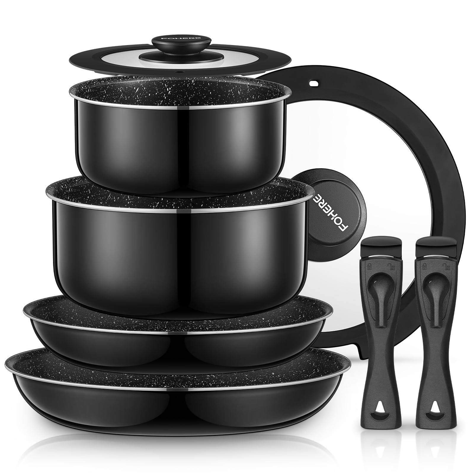 FOHERE 8pcs Pots and Pans Set with 2 Detachable Handles, Aluminum Nonstick Cookware Set, Induction Pan Set, RV Cookware Set, Oven Safe, Stackable