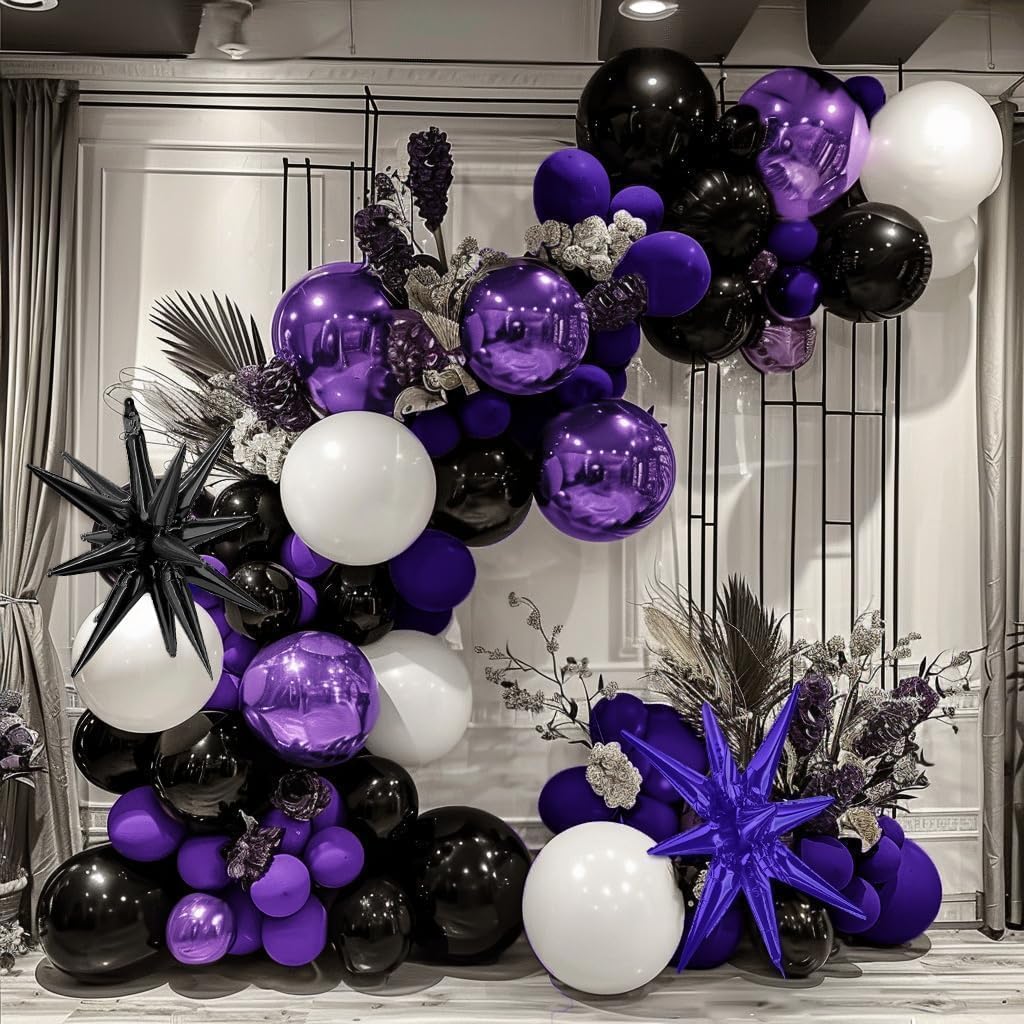 Black Purple White Balloon Garland - Double Stuffed Dark Purple Balloon Royal Purple Black Metallic Black Lilac Starburst Balloon Arch Kit for Birthday Halloween Anniversary Wednesday Party Decor