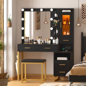 Makeup Vanity Table Set with LED Lights & Charing Station, Large Make up Vanity Desk with Mirror and Lights, Dressing Vanity Table with Nightstand & Soft Stool, Black Vanity with Drawers & RGB Cabinet