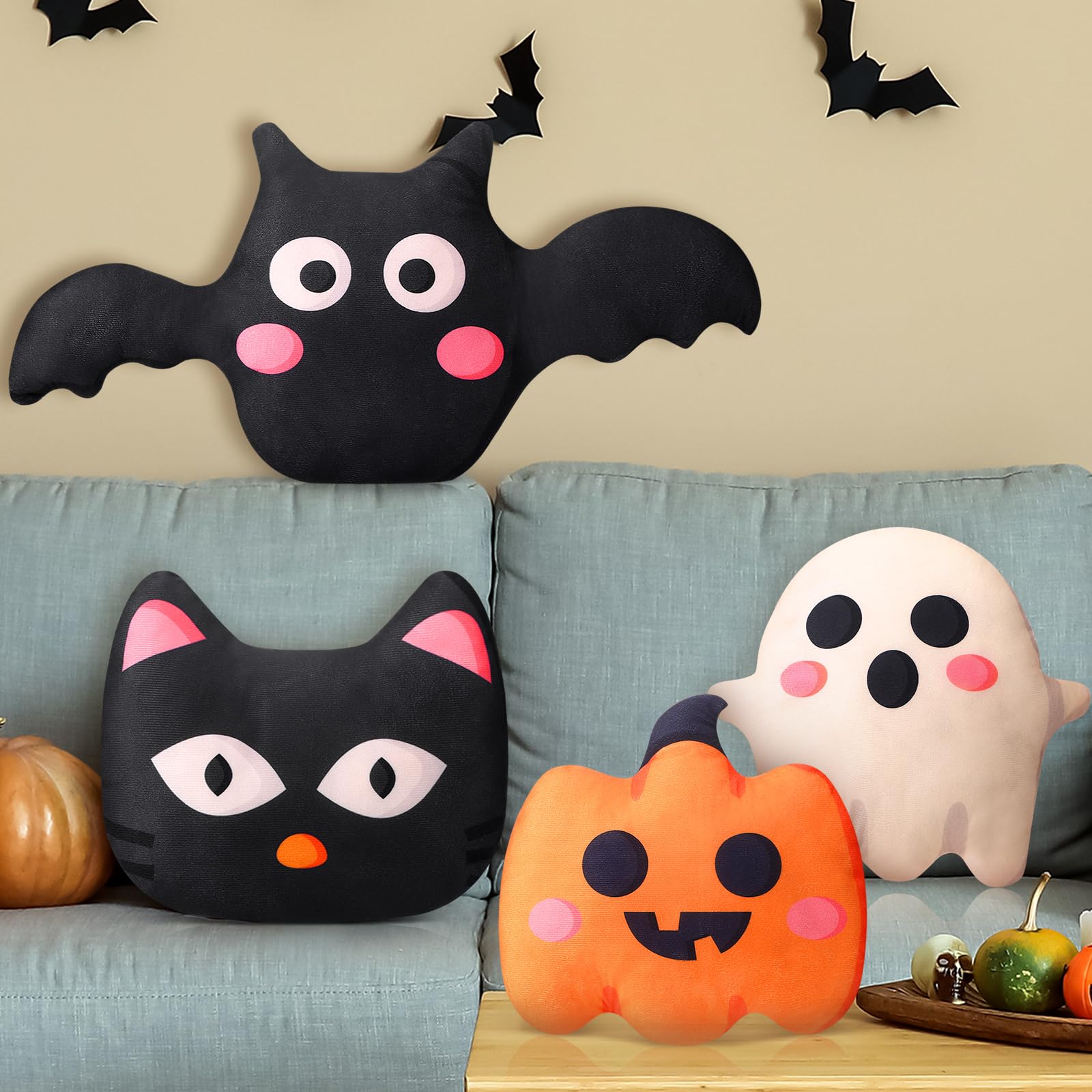 Wonderjune 4 Pcs Halloween Throw Pillows Decorative Happy Halloween Pillows Pumpkin Bat Ghost Plush Pillows Cute Halloween Pillows for Sofa Bed Couch Halloween Holiday Party Gift, 12.6 x 11.8 Inch