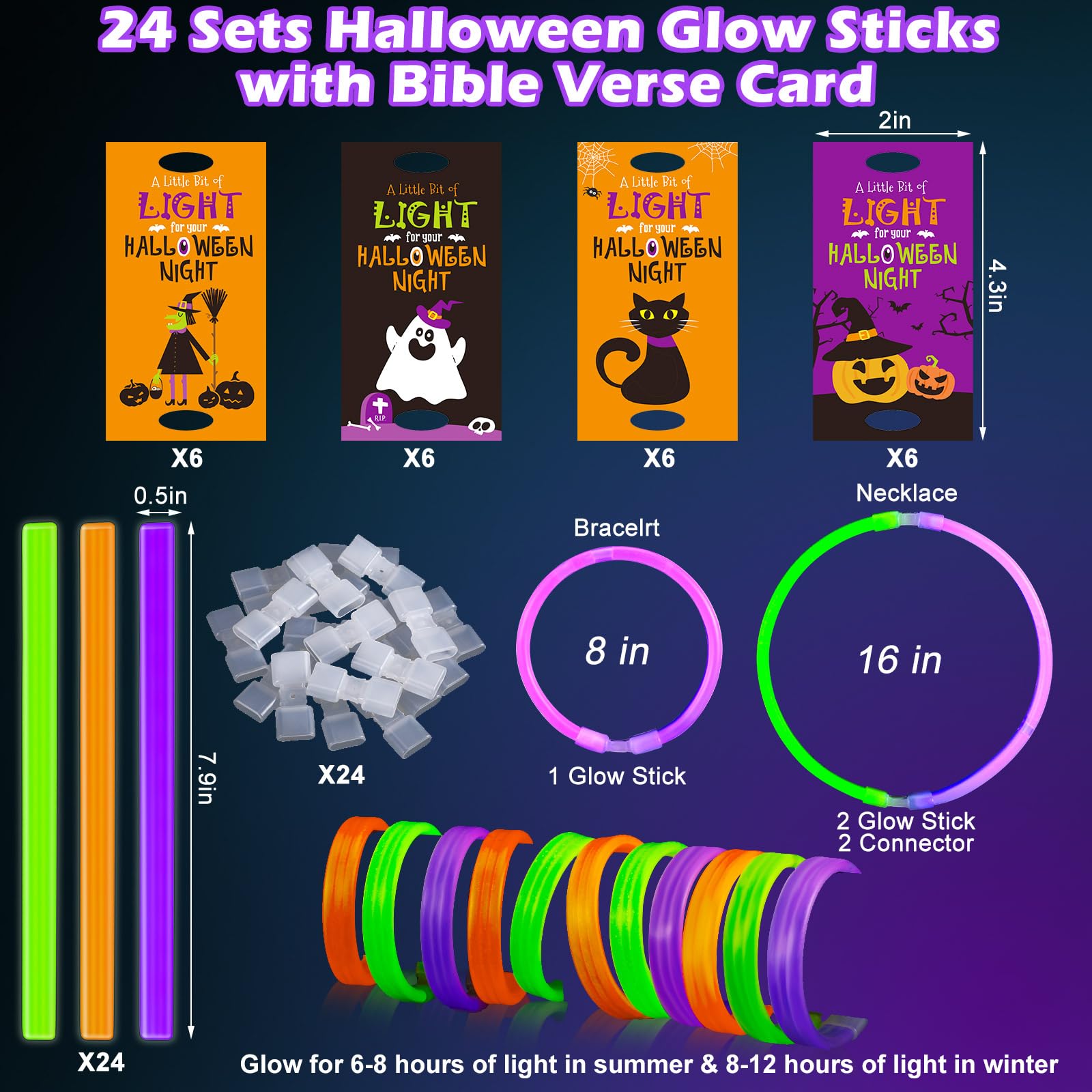 MiniInflat 24 Sets Halloween Triple Glow Bracelets with Cards Include 24 Pcs A Little Bit of Light For Your Halloween Night Glow Stick Gift Tag 24 Glow in the Dark Glow Sticks for Party School