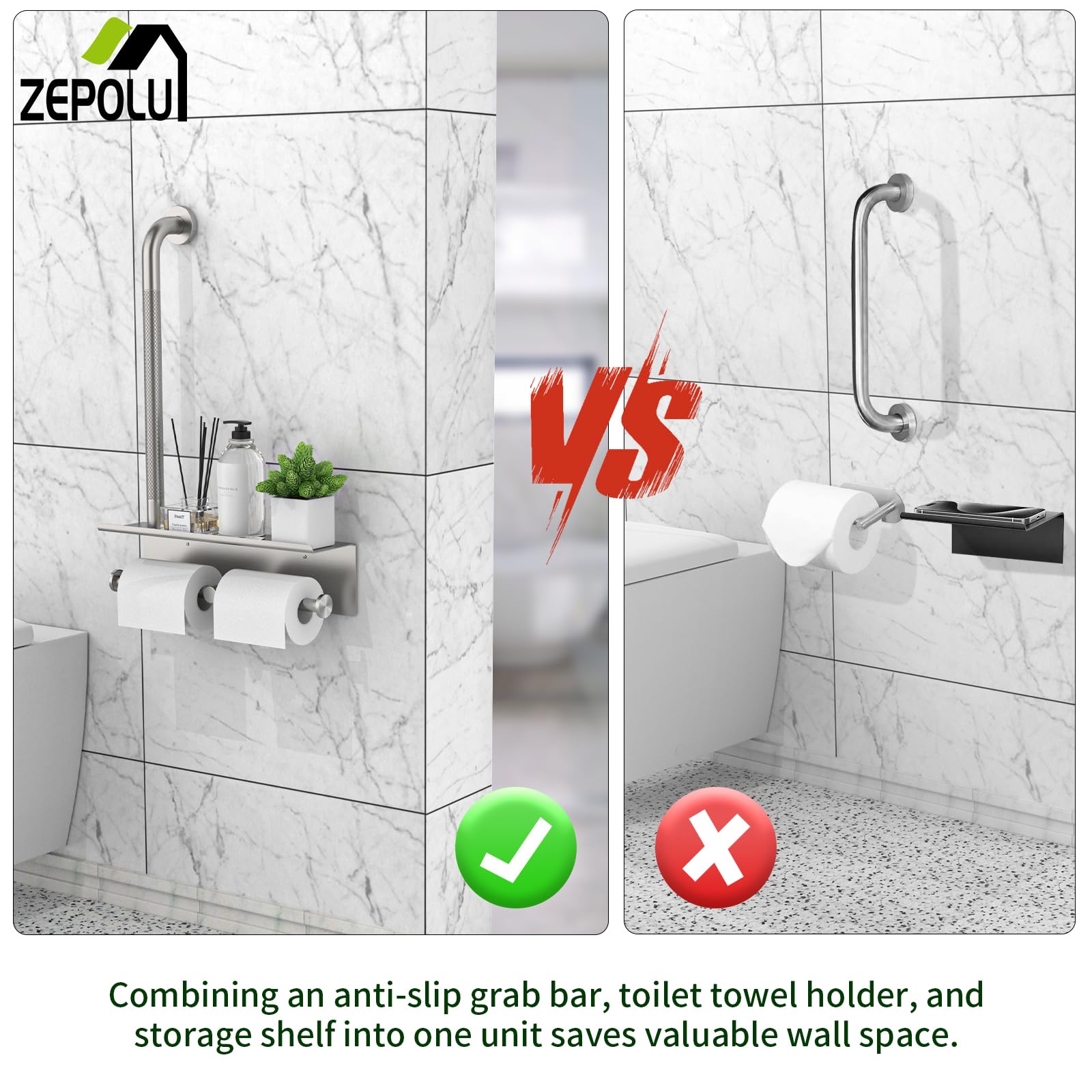 Toilet Paper and Wipes Holder Grab Bar Combo, Zepolu Brushed Nickel Anti-Slip Safety Bar, Wall Mounted Bathroom Handrail w/Storage Shelf, Stainless Steel Handicap Toilet Paper Holder Assist Handle