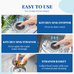 Wanocean Upgraded 3in1 Kitchen Sink Drain Strainer & Sink Stopper,304 Stainless Steel Metal Sink Drain Stopper with Anti-Clogging Wider Strainer Basket,Kitchen Essentials for US Standard 3-1/2" Drain