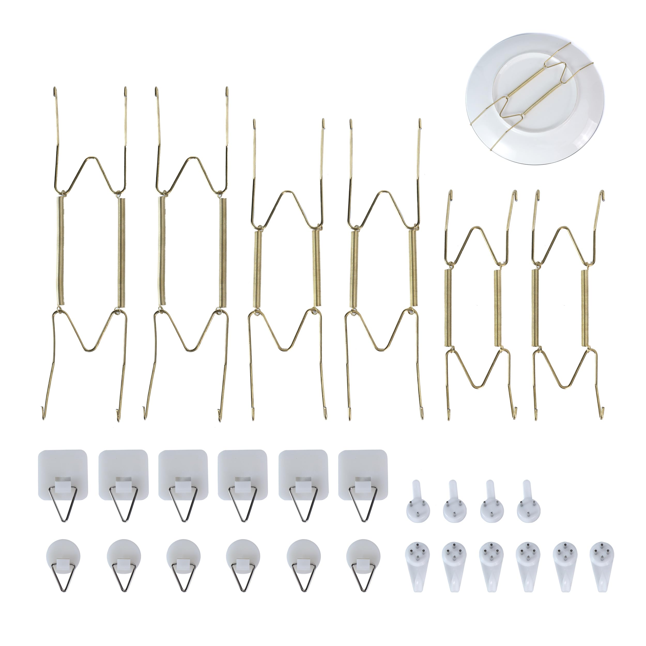 LYWBYJ 12 Pieces Invisible Vertical Plate Holders - 6 Pieces Stainless Steel Decorative Wire Plate Holders with 10 Pieces Wall Hooks for Decorative Plates (Gold, 6/8/10 Inch) ﻿