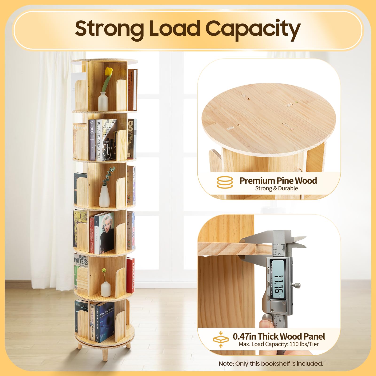 6 Tier Rotating Bookshelf 360 Display Floor Standing Bookcase Spinning Bookshelf Tower Tall Narrow Wooden Book Shelf Rotating Book Shelf with Legs Book Shelf Organizer for Bedroom Living Room DIY