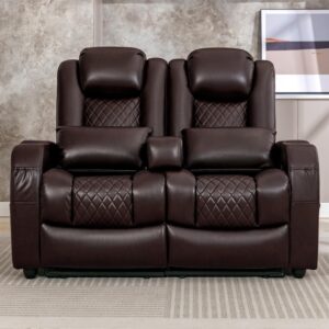 azxzcs 57" loveseat recliner, recliner sofa with 3 cup holders and 2 pillows, wall hugger recliners & 135° reclining loveseat (brown pu leather furniture)