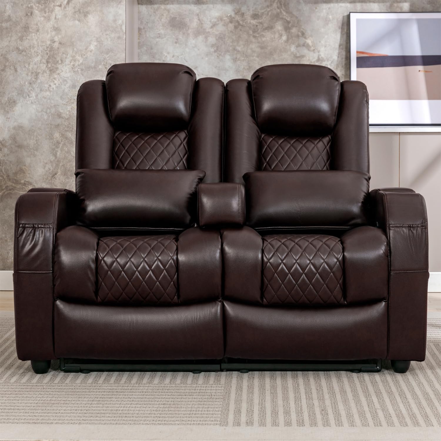 AZXZCS 57" Loveseat Recliner, Recliner Sofa with 3 Cup Holders and 2 Pillows, Wall Hugger Recliners & 135° Reclining Loveseat (Brown PU Leather Furniture)