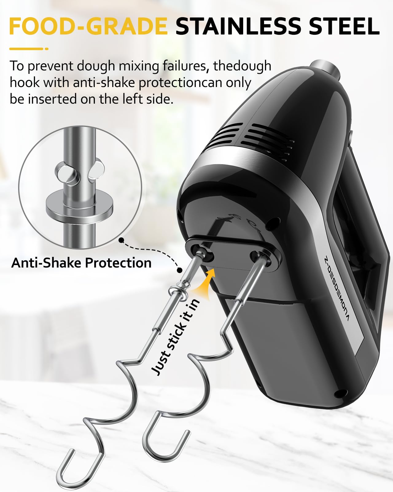 Z-DESDEMONA Electric Hand Mixer, Powerful 300W Hand Mixer Electric Handheld with 304 Beaters, Dough Hook,Hand Held Mixer with Turbo for Baking Cakes, Eggs, Cream Food(Black)