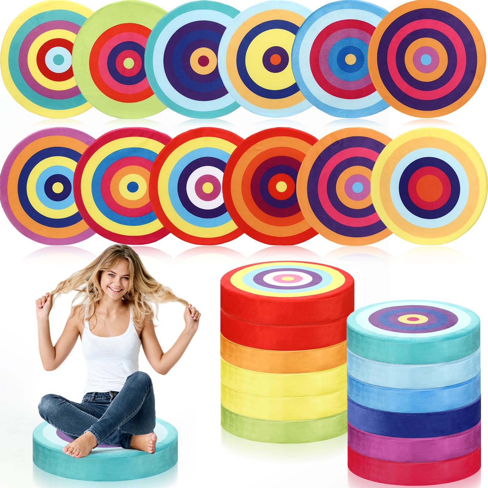 GlikCeil 12 Pcs Round Floor Pillows for Kids Carpet Circles Floor Cushions for Classroom 15.35'' Rainbow Circle Flexible Seating Cushions Supplies Group Activity Marker for Kindergarten Playroom