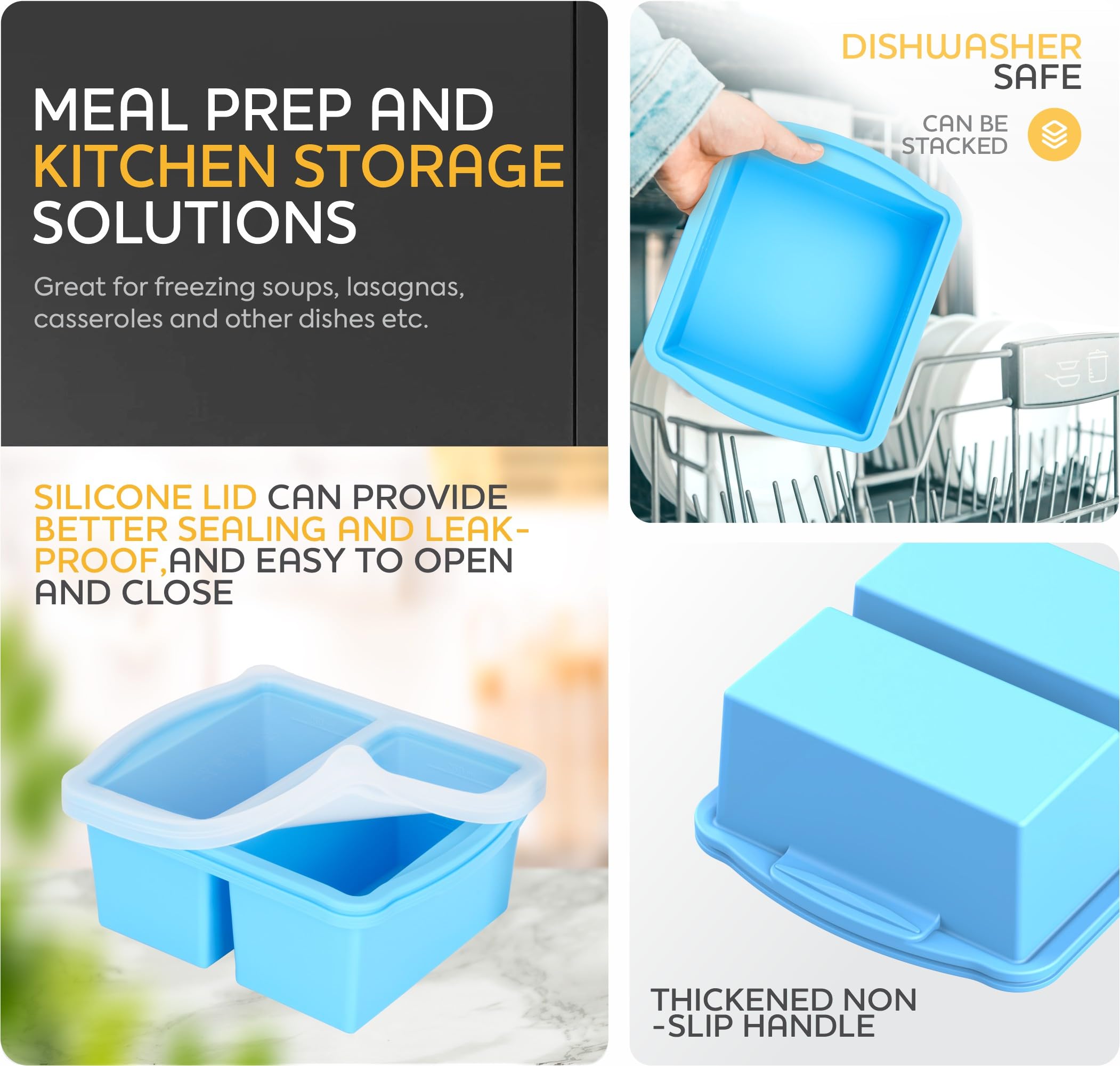 ZIP STANDING Silicone Freezer Trays with Lids, Set of 4 - with 1cup and 2 cup Silicone Freezer Molds for freezing soups, sauces and individual microwave safe