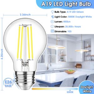 GGOYING 60W Equivalent E26 LED Bulb Dimmable, 850LM LED Edison Bulbs Daylight White 5000K, 6W A19 Filament Light Bulb, Classic Clear Glass, 6-Pack