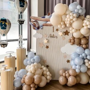 Time Flies Balloon Garland Arch Kit, 155pcs Brown Blue Beige and Airplane Cloud Star Foil Balloons for How Time Flies First Birthday Travel ONEderful World Airplane Party Baby Shower Decorations