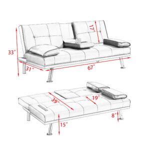 Faux Leather Convertible Folding Futon Sofa Bed with 2 Cup Holders, Sleeper Couch Bed with Removable Armrests, Metal Legs, Upholstered Loveseat for Living Room, Apartment, Dorm, Office (Orange)