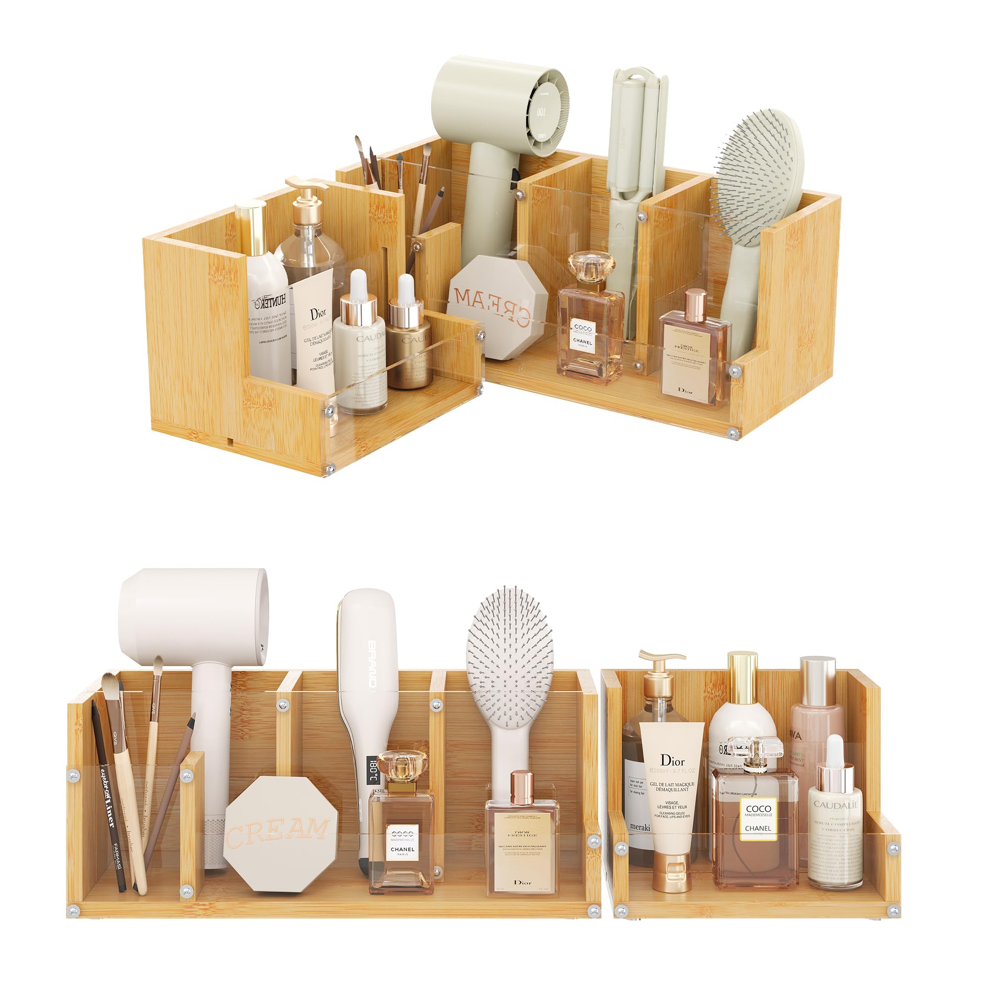 LUMAMU Bamboo Bathroom Organizer with Acrylic Panels, Corner Countertop Storage for Hair Dryer, Cosmetics, and Toiletries, Multipurpose Vanity Caddy for Home, Makeup, and Bathroom Essentials