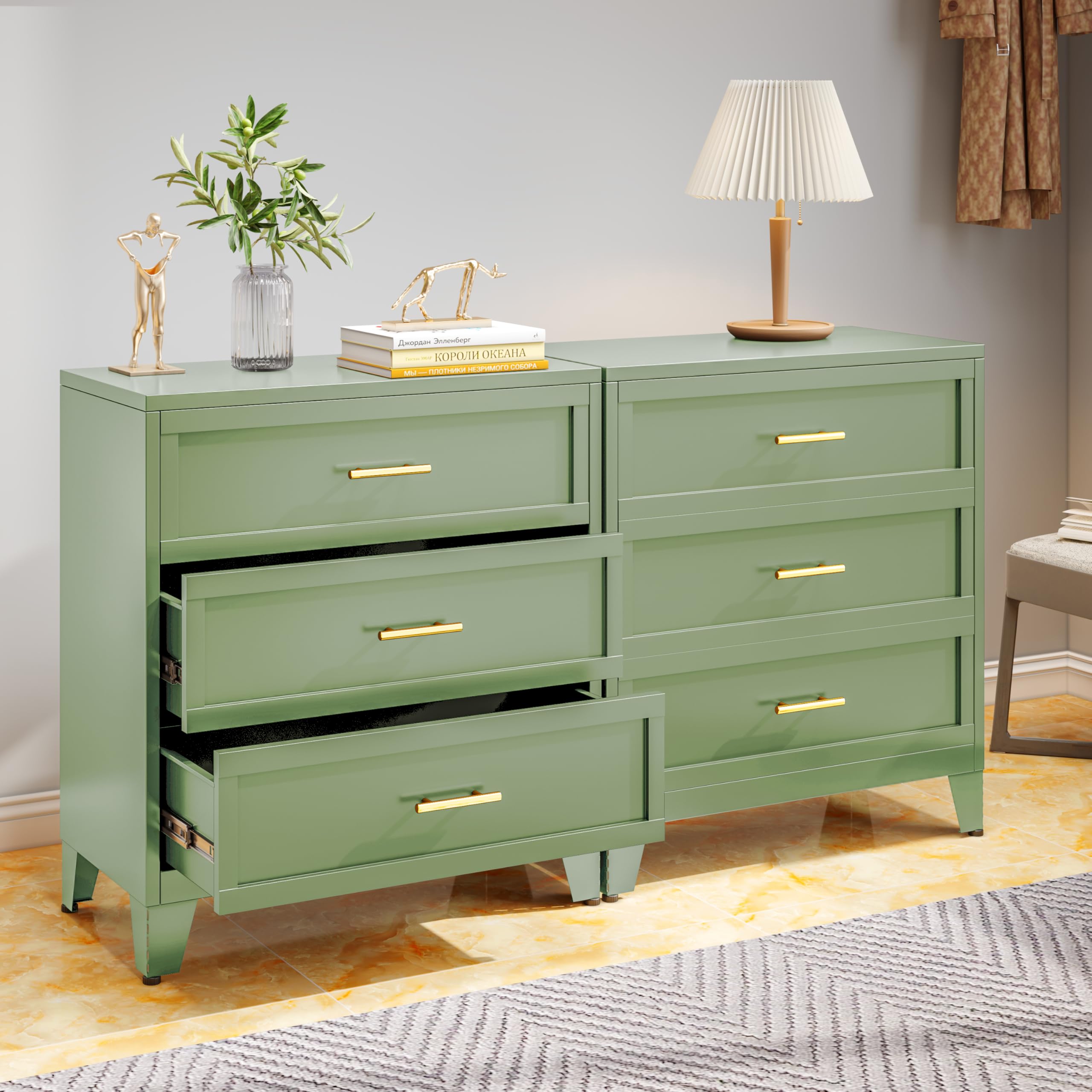 Dresser for Bedroom Drawer Organizer Storage with 3 Drawers,34.25" H Storage Cabinet Metal Storage Drawers,Closet Storage,Drawer Chest and Closet Organizers Matcha Green