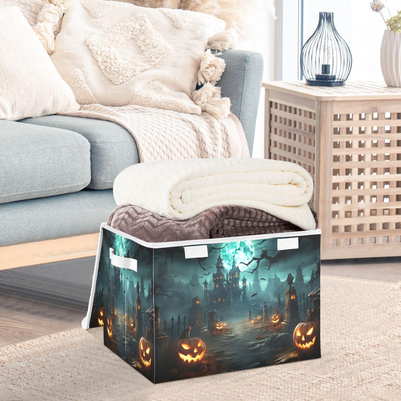 YETTASBIN Halloween Pumpkin Storage Basket with Lid and Handles, Large Collapsible Fabric Storage Bins Sturdy Storage Organizer for Shelves, Closet, Bedroom, School, Office, Home Decor