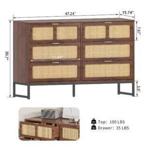 Rattan 6 Drawer Dresser Mid Century Modern Dresser Chest of Drawers Boho Farmhouse 6 Drawer Cabinet with Wide Drawers Metal Legs Storage Dressers Chest for Bedroom, Living Room