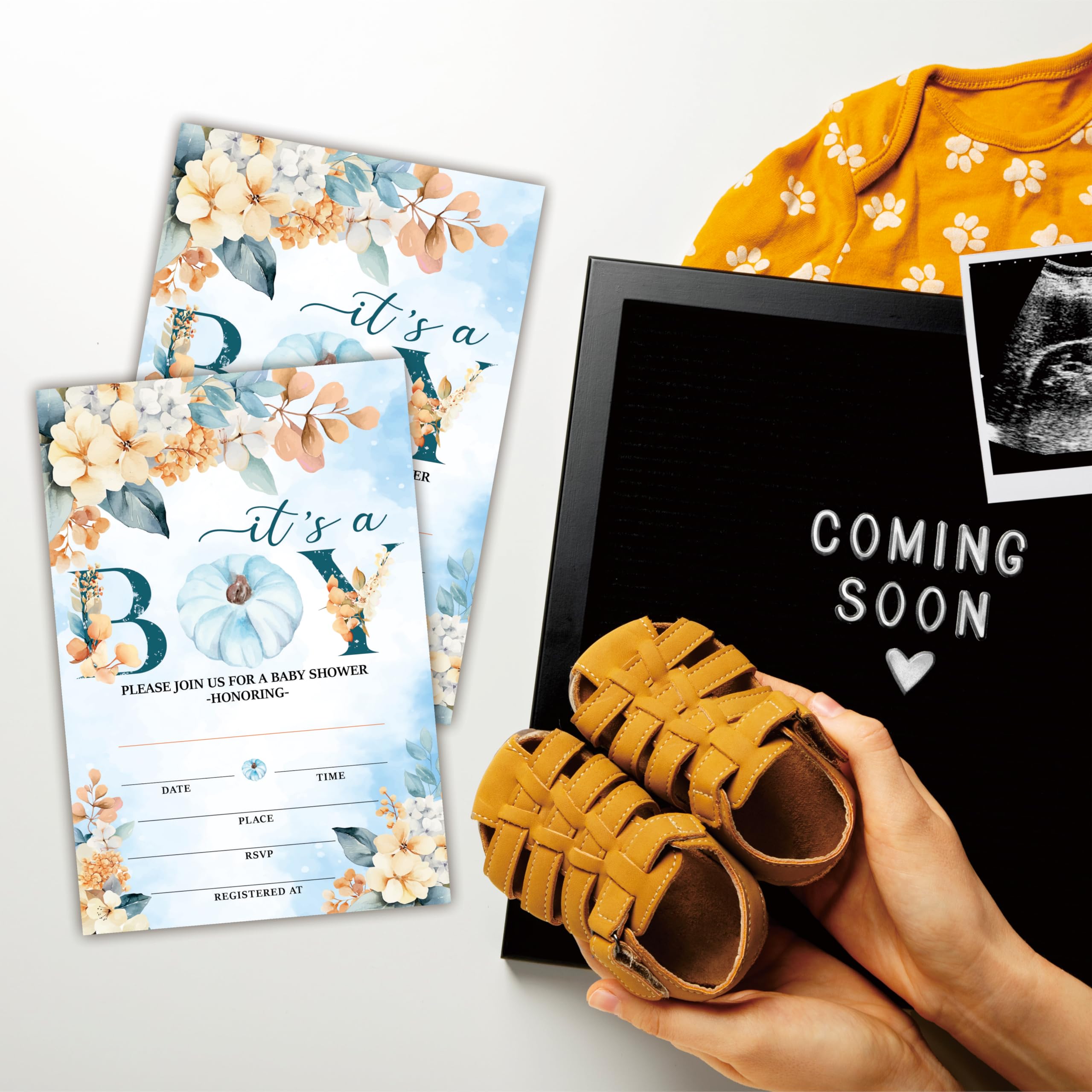 Hsupl 25 Set Double Print Baby Shower Invitation Cards(4"x6")-It's A Boy Autumn Card-Floral Watercolor Blue Pumpkin Invitation Card With Envelope-Baby Gender Announcement-A04