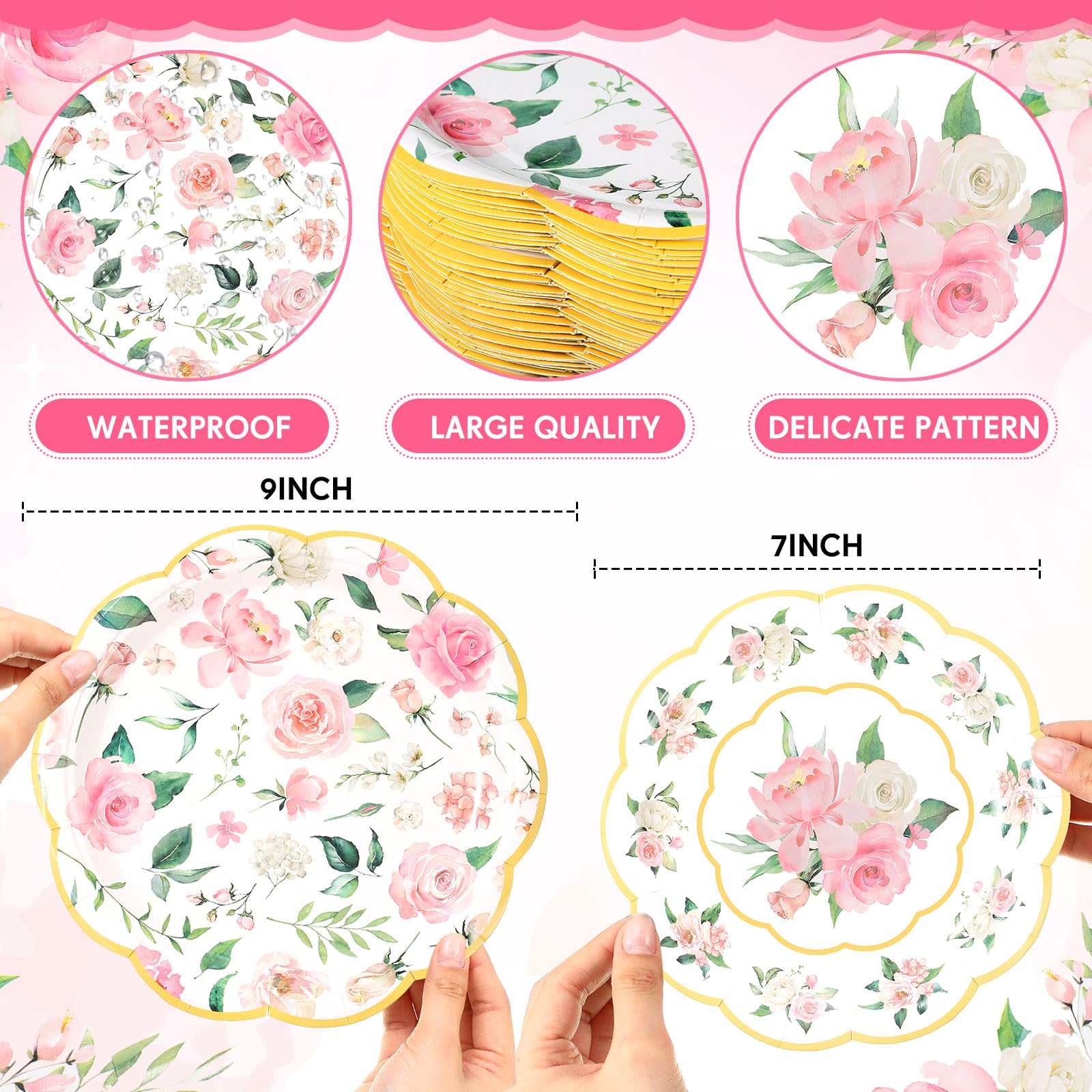 Pickmesh 60 Pack Floral Paper Plates 9 in and 7 in Flower Party Plates Pink Disposable Dessert Plates Wedding Plates Gold Foil Edge Tea Party Plates for Birthday Baby Shower Bridal Party Decor