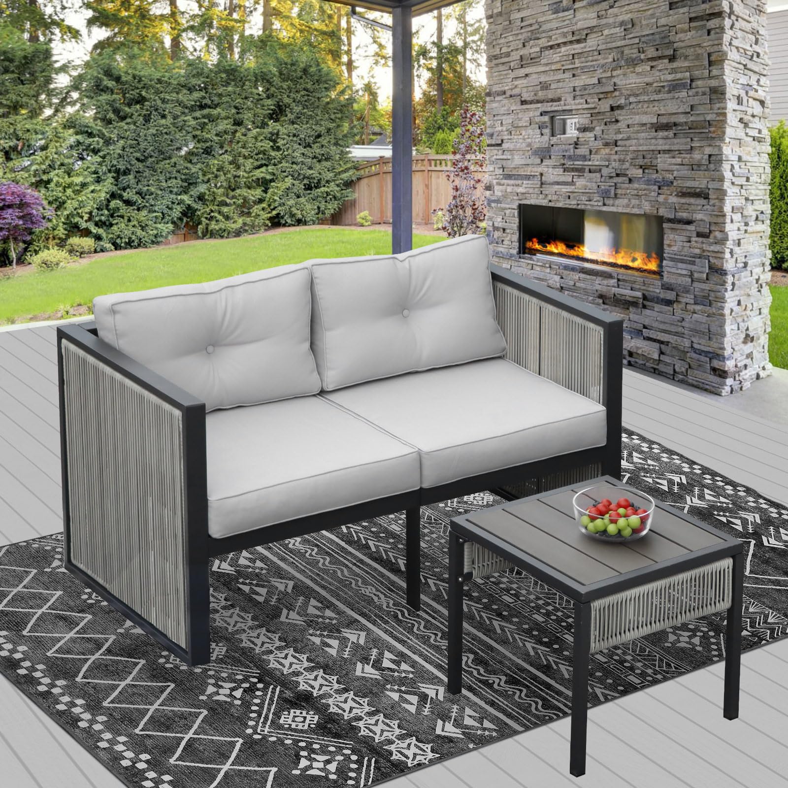 NICESOUL Patio Furniture Set Heavy Duty, Modern Outdoor Loveseat Sofa Chair with Side Table, All-Weather PE Rattan Double-Layered Woven Rope Iron Frame Thick Cushion Couch for Outside Backyard 2 Seats