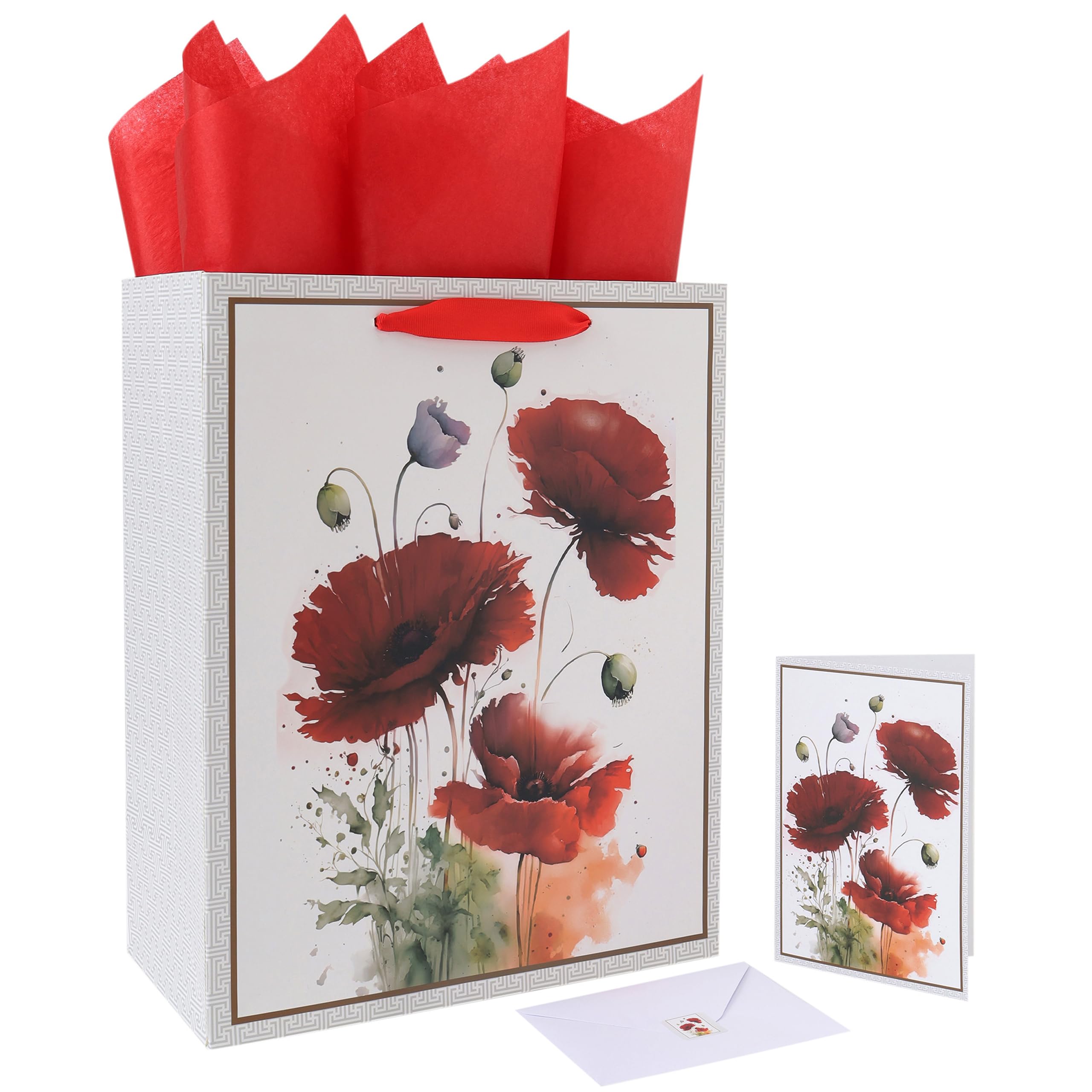 Qirrmiy 13” Large White Gift Bag Set with Greeting Card and Tissue Paper (Watercolor Red Flowers) for Celebrating Birthdays, Weddings, Anniversaries, Mother's Day - 10.2”x5.2”x13”, 1 Pcs.