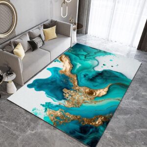 XUWEISI Teal Marble Area Rug, Turquoise Light Luxury Washable Rug 5x7ft, Gold Stamping Art Ink Painting Contemporary Accent Throw Rug for Living Room Bedroom Green Bathroom Rug