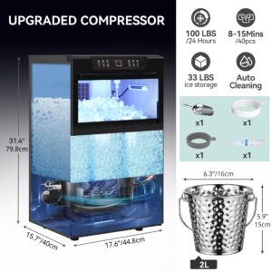 YITAHOME 2 Way Water Inlet Commercial Ice Maker Machine 100LBS/24H, Tap Water & Bottom Loading, 33LBS Storage Bin, Under Counter Ice Machine with Stainless Steel Ice Scoop, Ice Bucket