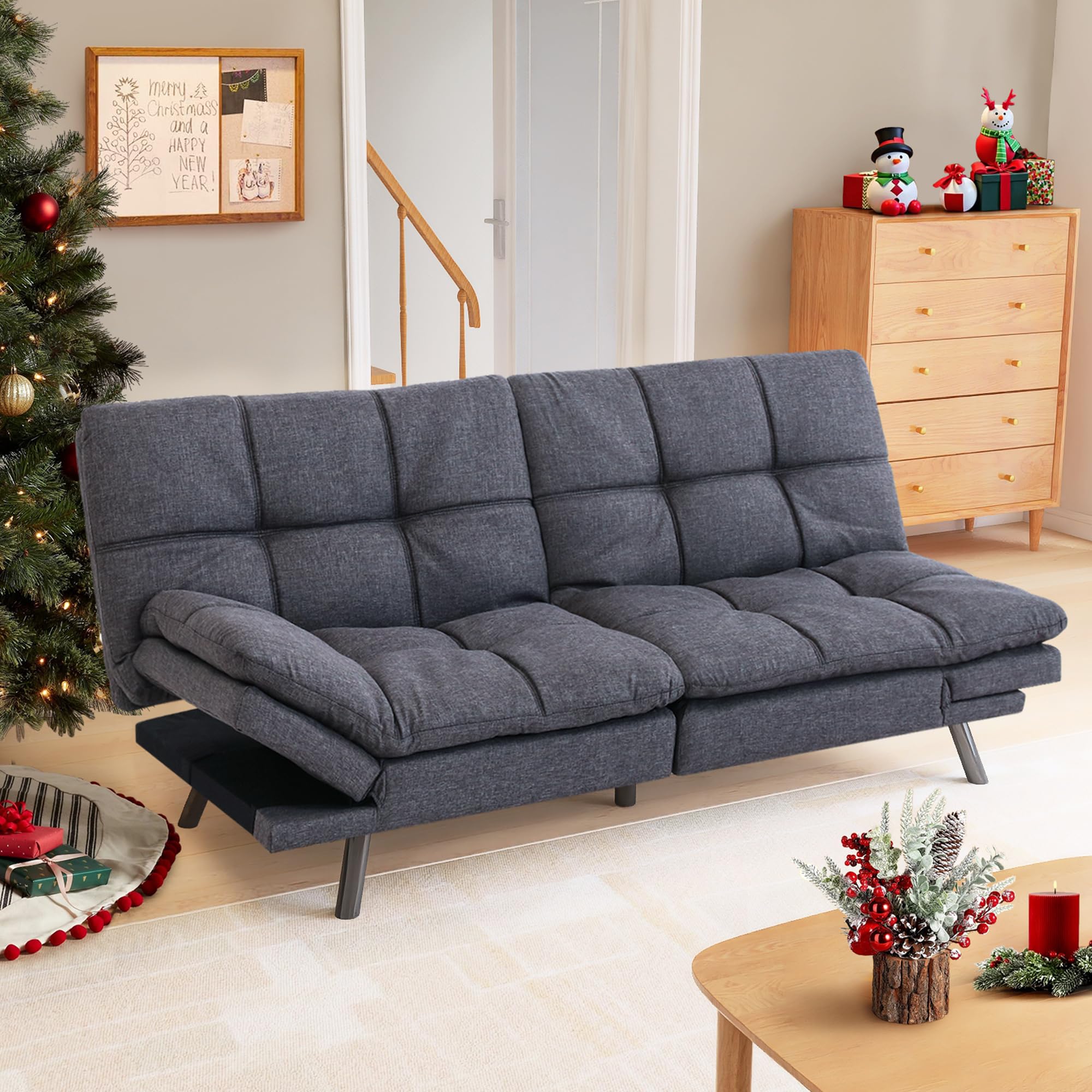 AMICLIBER Futon Sofa Bed Couch Convertible Sofa, Memory Foam Futon Sleeper Sofa Loveseat Convertible Couch Bed for Small Compact Living Spaces,Apartment,Grey Linen Fabric