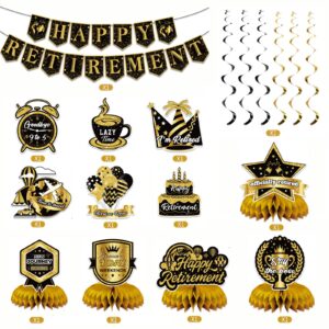 Zgrzoqjlw 12Pcs Retirement Party Decorations for Men Women Black Gold Happy Retirement Banner Honeycomb Centerpiece Swirls Party Supplies Retired Farewell Party Set Work Graduation Party Decorations