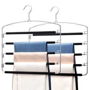 house day magic pants hangers space saving, 2 pack metal closet organizer, multiple hangers with padded swing arm, 5 tier non slip pant hanger for pants, jeans, leggings, slacks (black)