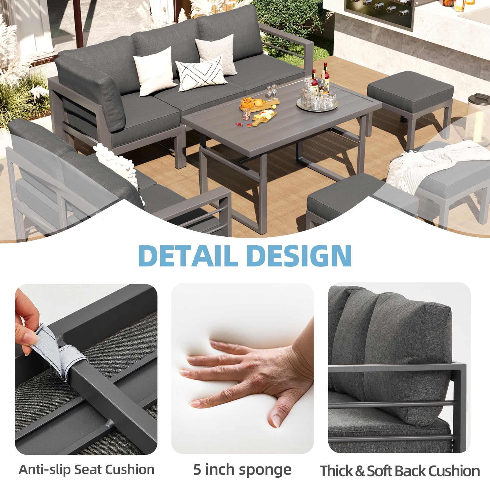 AECOJOY Aluminum Patio Furniture Set, Outdoor Modern Metal Outdoor Furniture Sofa Set, Outdoor Conversation Table and Chair Sets for Lawn, Backyard, and Deck with Dark Grey Cushions