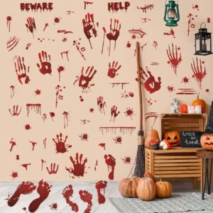 Bloody Footprints Floor Stickers Halloween Window Clings Stickers Scary Bloody Handprint Footprint Stickers Decorations Halloween Wall Decals with Tools Halloween Decorations Indoor Scary