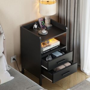 YITAHOME Nightstand with Charging Station and LED Lights, End Side Table with 2 Drawers, Modern Bedside Table for Bedroom with USB Ports and Outlets, Open Storage, Black