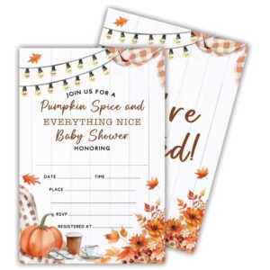 hsupl 25 set double print baby shower invitation cards(4"x6")-pumpkin spice and everything nice autumn card-thanksgiving watercolor pumpkin invitation card with envelope-baby gender announcement-a11