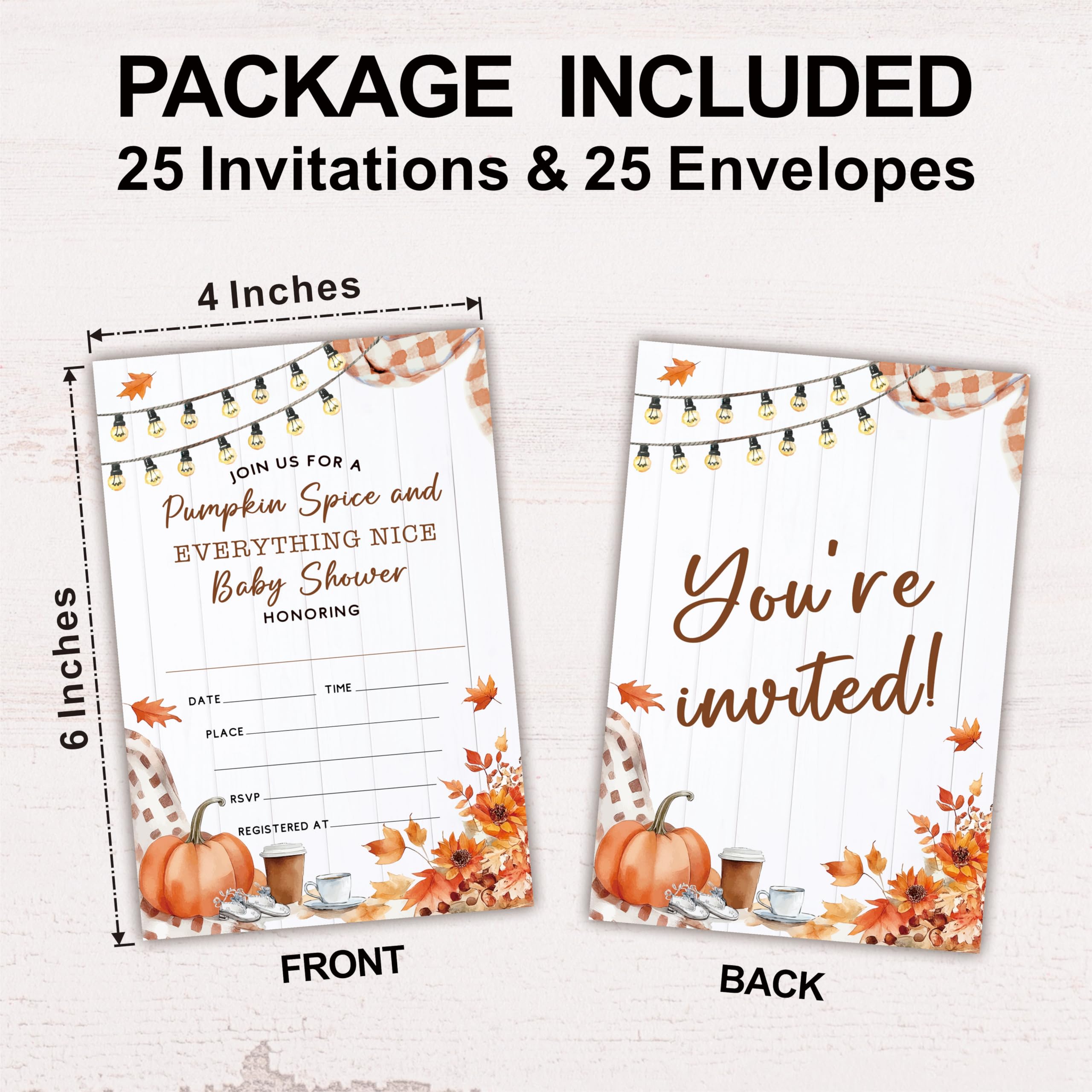 Hsupl 25 Set Double Print Baby Shower Invitation Cards(4"x6")-Pumpkin Spice And Everything Nice Autumn Card-Thanksgiving Watercolor Pumpkin Invitation Card With Envelope-Baby Gender Announcement-A11