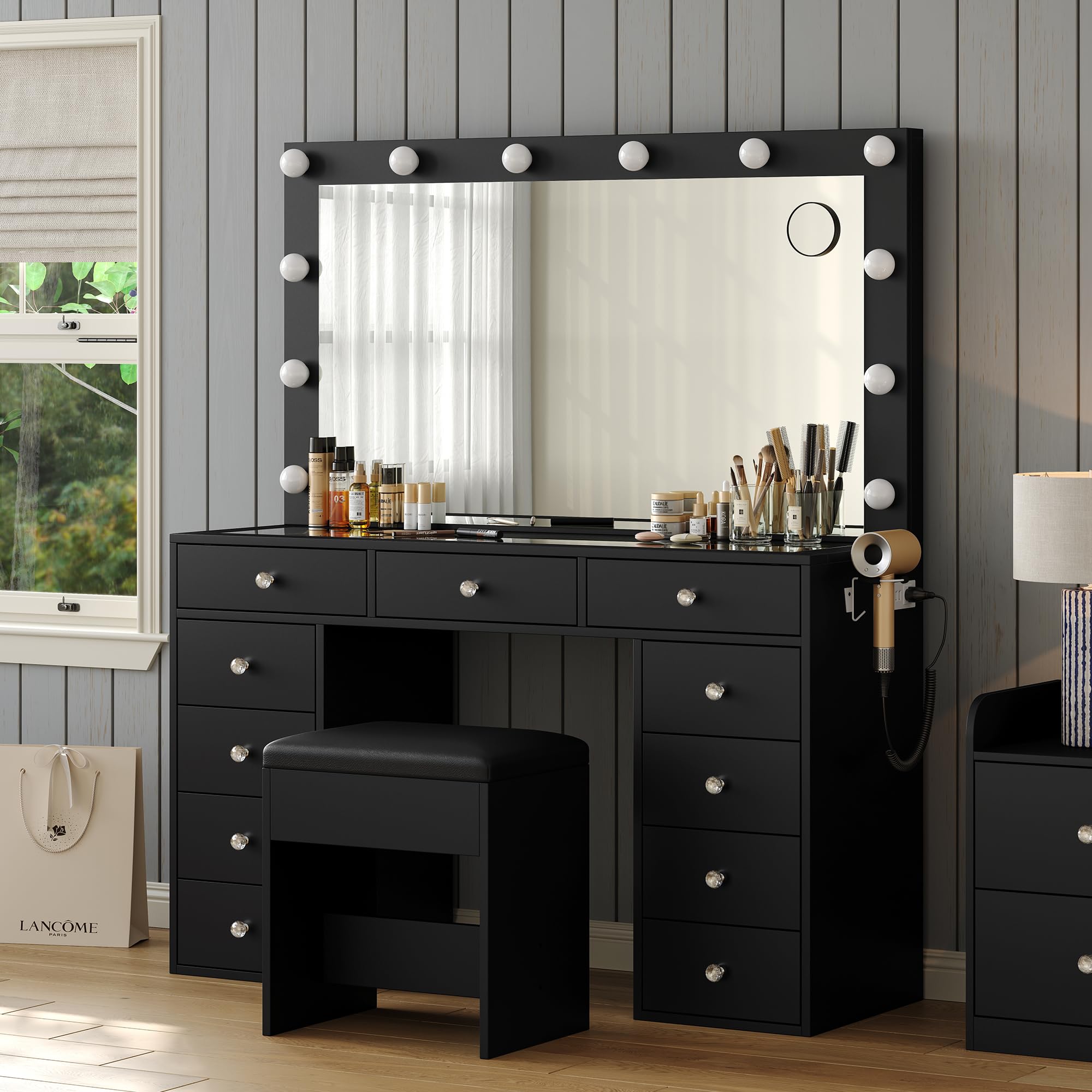 FUSOU Vanity Desk with Power Outlet, Makeup Vanity with Mirror and 12 LED Lights, 3 Lighting Modes,11 Drawers Vanity Table with Chair, Glass Top, Vanity Set for Bedroom,Dressing Room (Black)