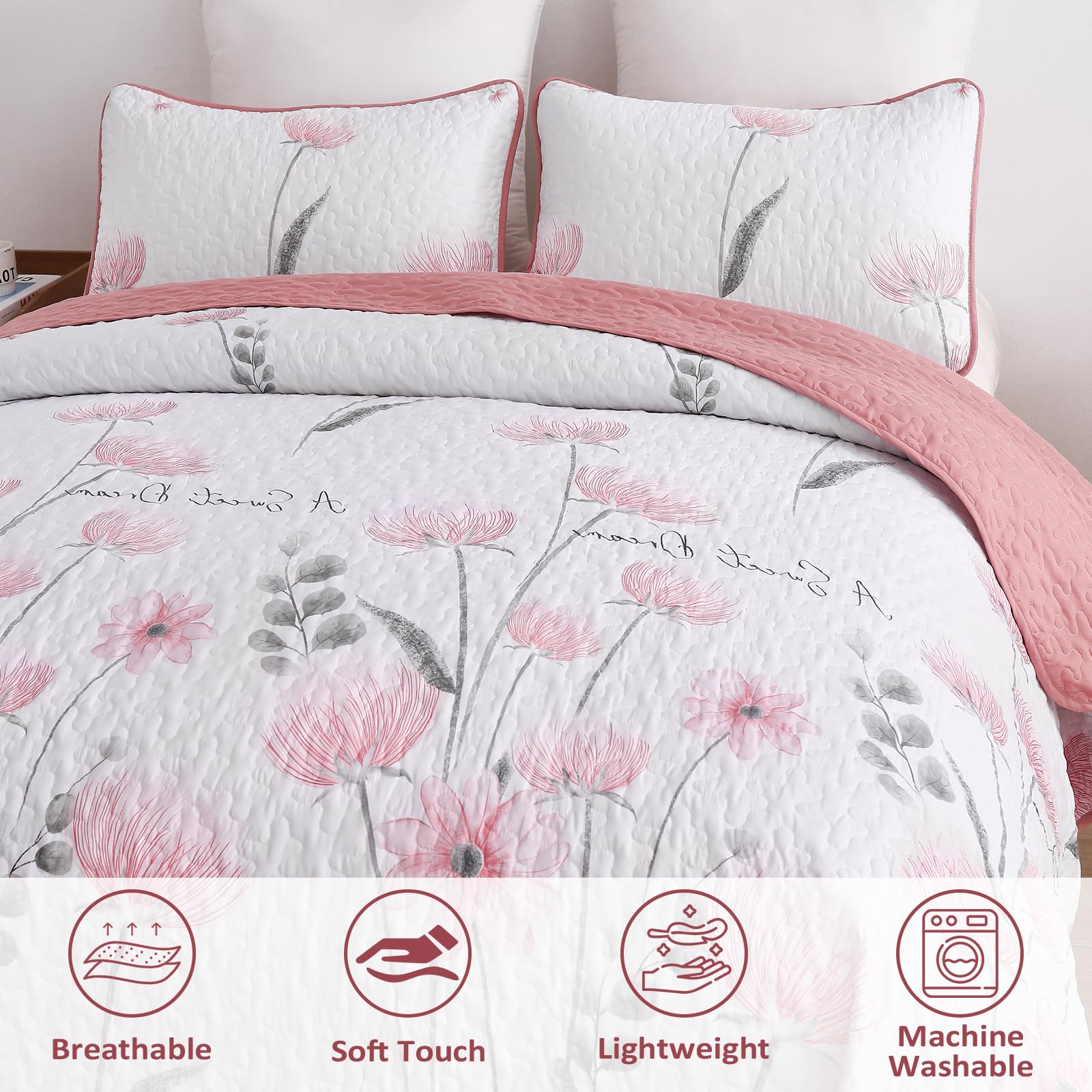 Dinjoy King Size Quilt Set Floral,3 Piece Pink/Blush Farmhouse Bedding Set Lightweight Flower Bedspreads White Coverlet Bed Sets Boho King Quilts for Girls All Season(90"x104")