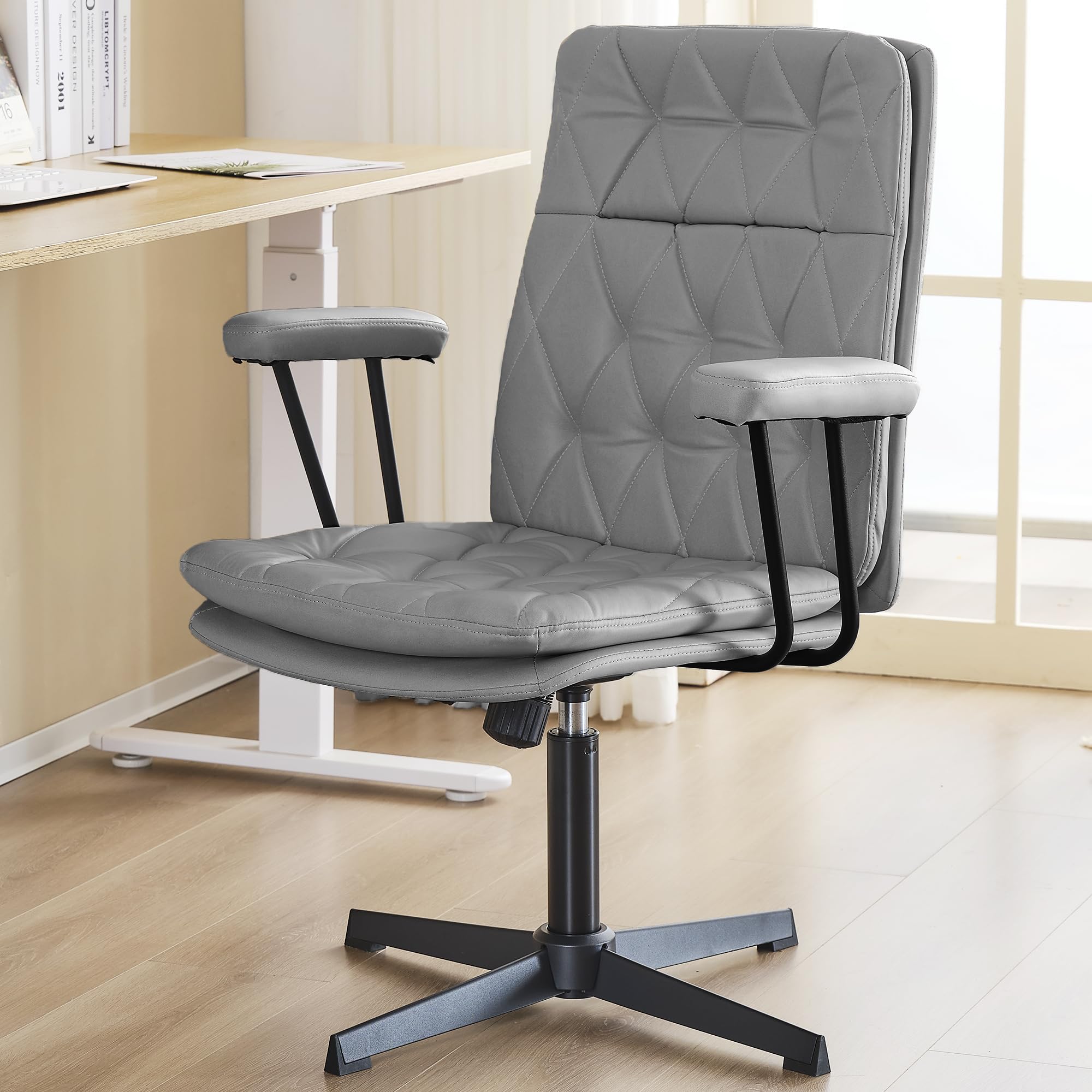 HoeuThien Desk Chair Without Wheels Swivel Tilt Home Office Chair with Criss Cross Legs Solid Armrest Grey