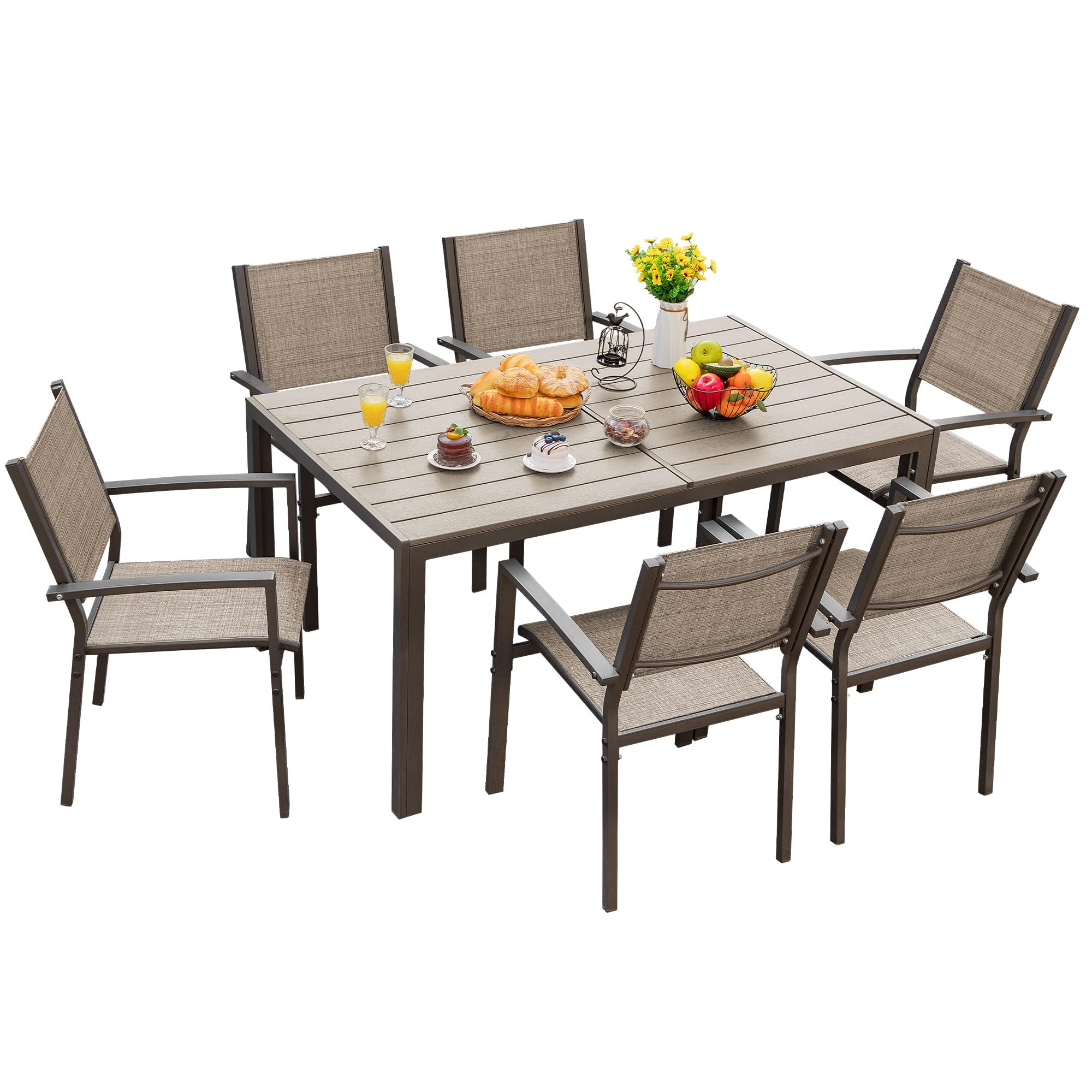 Flamaker Patio Dining Set 7 Piece Metal Frame Outdoor Furniture with 6 Textilene Chairs and Rectangular Table Family Kitchen Conversation Set for Backyard, Lawn (Brown)