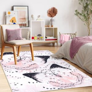 Butterfly Pink Rugs for Bedroom Girls, Washable 5x7 Area Rugs for Living Room Ultra-Thin Soft Nursery Rug, Modern Insect Print Non Slip Carpet Rug for Kids Girl Classroom Play Room Office