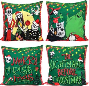 generic nightmare before christmas pillow covers, 4pcs jack and sally holiday winter throw pillow covers 18x18 merry christmas couch sofa christmas decorations holiday pillow cases, green, er123