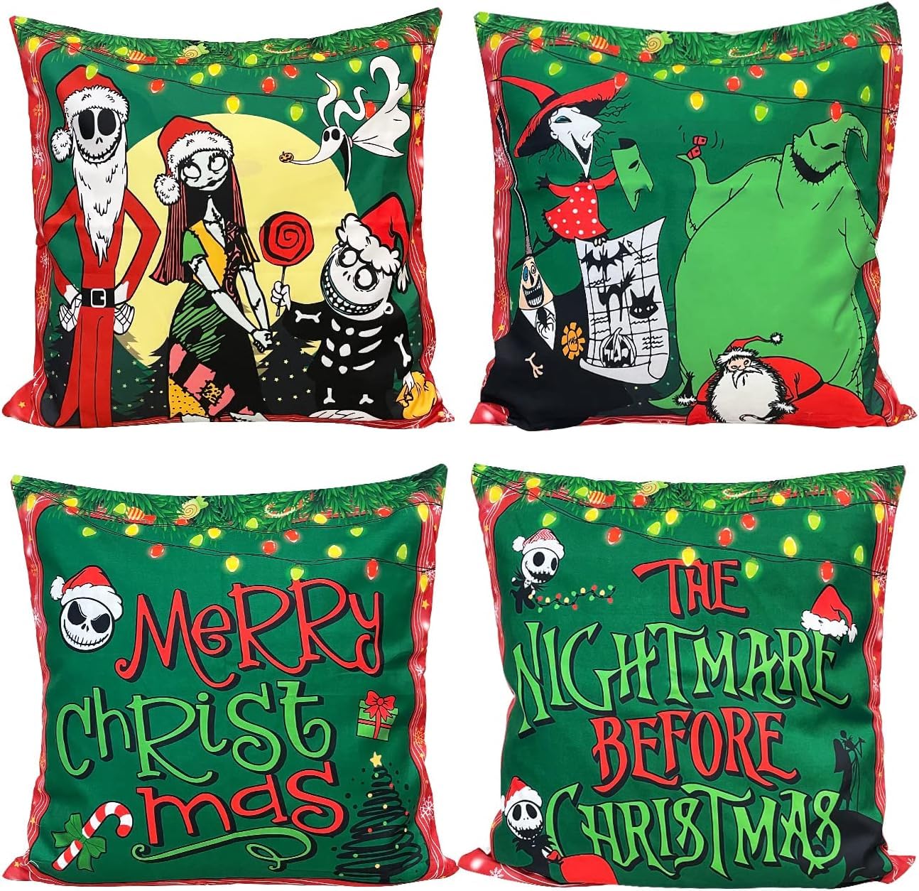 Generic Nightmare Before Christmas Pillow Covers, 4pcs Jack and Sally Holiday Winter Throw Pillow Covers 18x18 Merry Christmas Couch Sofa Christmas Decorations Holiday Pillow Cases, Green, ER123