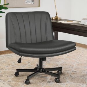 lemberi armless office desk chair with wheels,faux leather cross legged wide chairs, mid back swivel computer task chairs for home office,make up,small space,bed room, grey