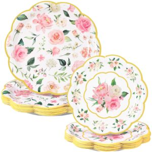 pickmesh 60 pack floral paper plates 9 in and 7 in flower party plates pink disposable dessert plates wedding plates gold foil edge tea party plates for birthday baby shower bridal party decor